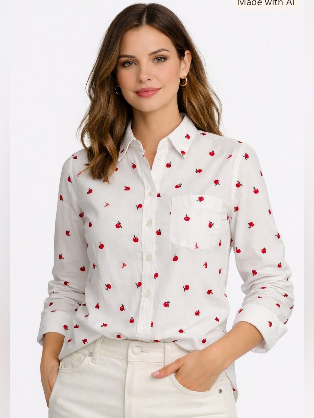 J.Crew Apple Print Button‑Up Shirt White Cotton, Preppy Office Size M